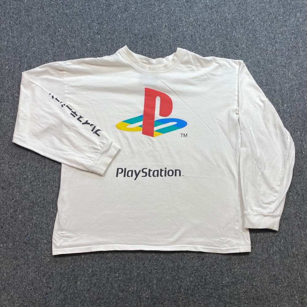 Forever 21 PlayStation TShirt Sz M Mens White Gamer Retro Japanese Text Sleeve